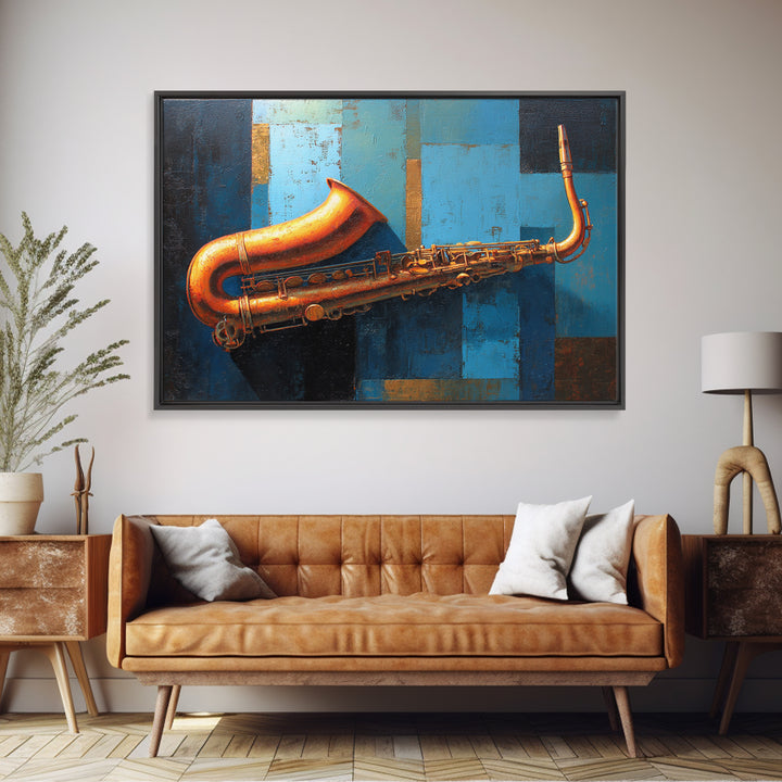 Jazz Saxophone with Smoky Blue Background Framed Canvas Print, Music Studio Art, Boho Art, Studio Decor, Fine Art, Rhythm, MSA-3x2-78