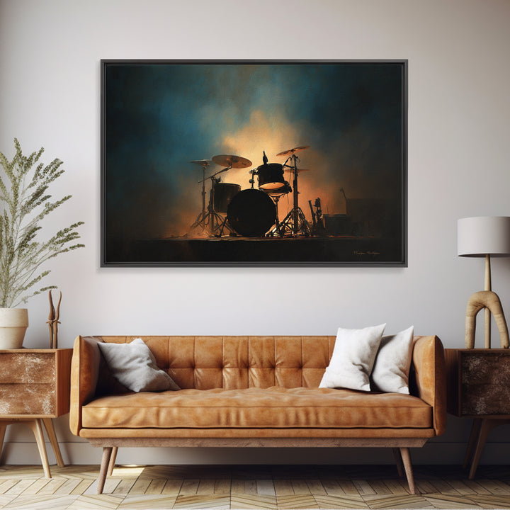 Drum Kit Silhouette Framed Canvas Print, Music Studio Art, Travel Wall Art, Studio Decor, Oil Painting, Rhythm, Boho Decor, MSA-3x2-82