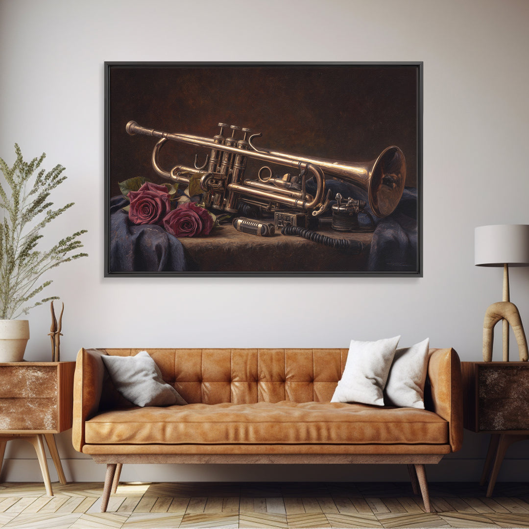 Trumpet and Roses Canvas Print, Music Studio Art, Boho Decor, Studio Decor, Fine Art, Rhythm, Metal Wall Art, MSA-3x2-84