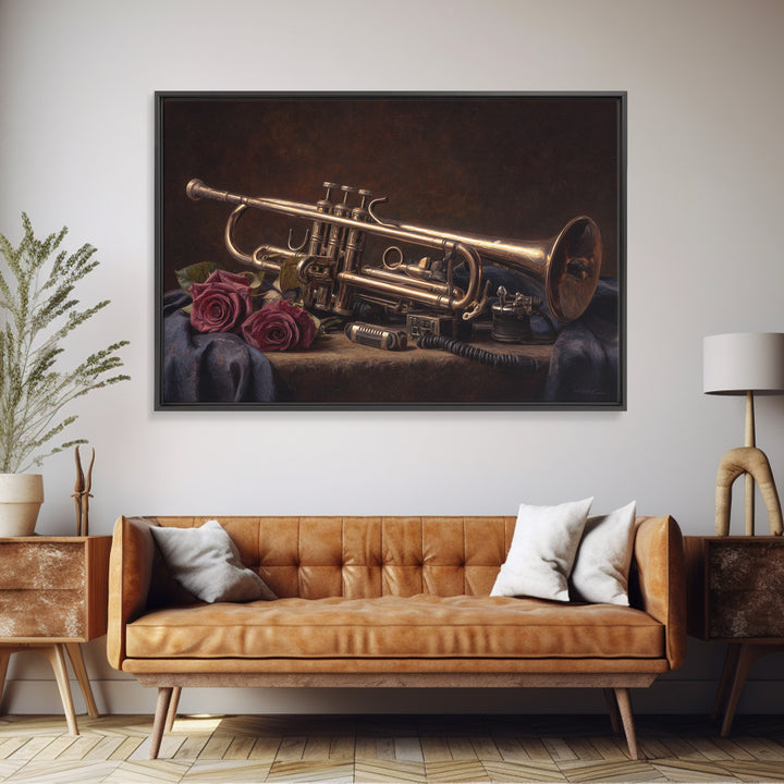Trumpet and Roses Canvas Print, Music Studio Art, Boho Decor, Studio Decor, Fine Art, Rhythm, Metal Wall Art, MSA-3x2-84