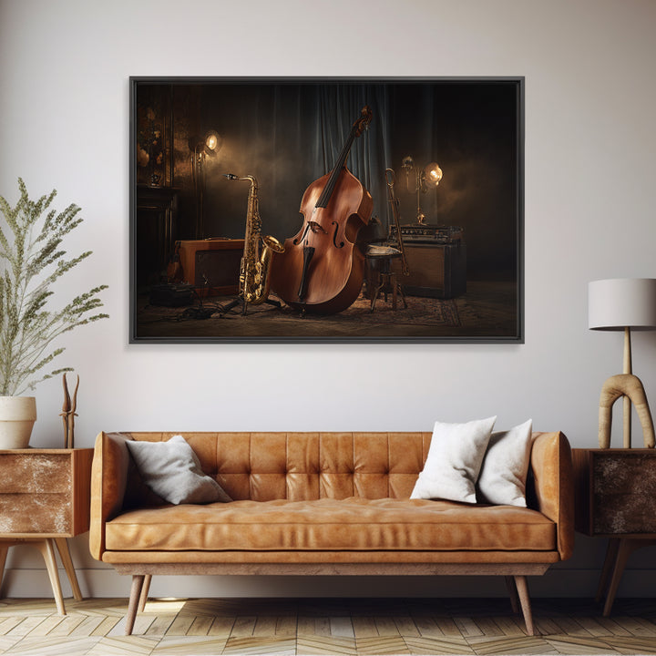 Cello Leaning Against Dark Velvet Backdrop Framed Canvas Print, Music Studio Art, Music Gift, Studio Decor, Fine Art, Rhythm, MSA-3x2-85