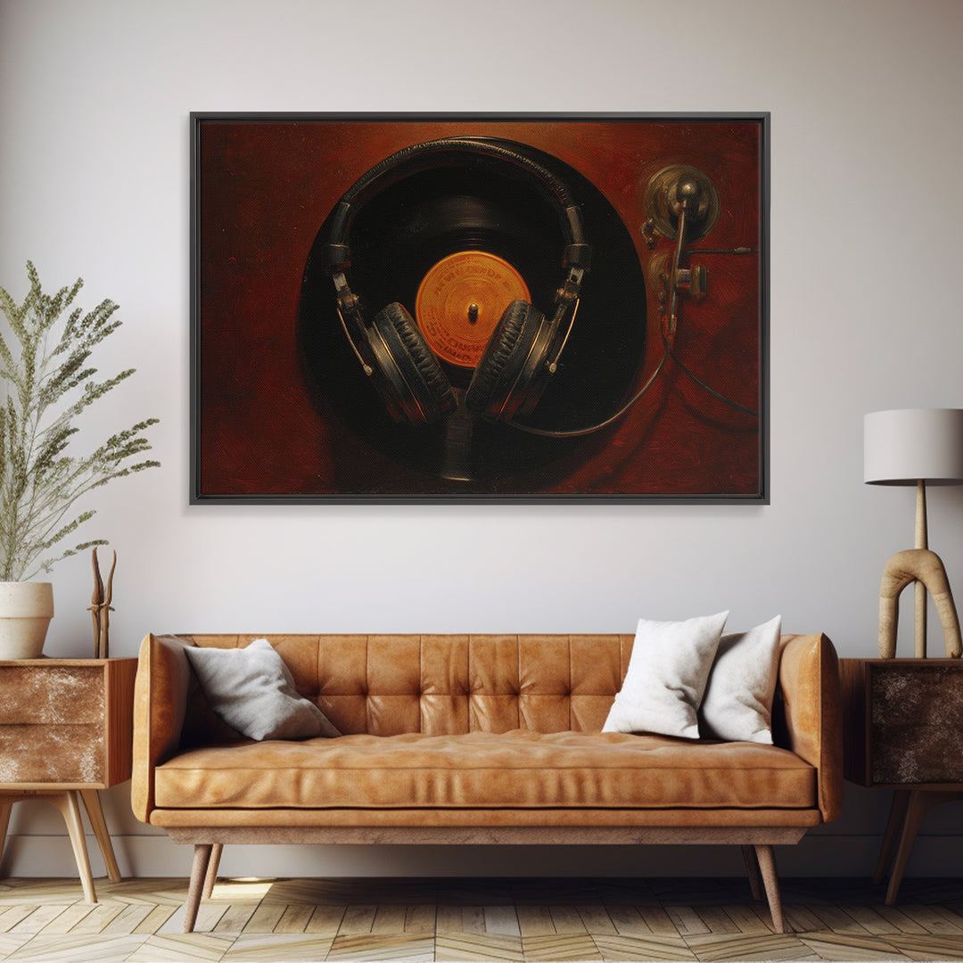 Headphones Around a Glowing Record Framed Canvas Print, Music Studio Art, Fine Art Print, Studio Decor, Fine Art, Rhythm, MSA-3x2-87
