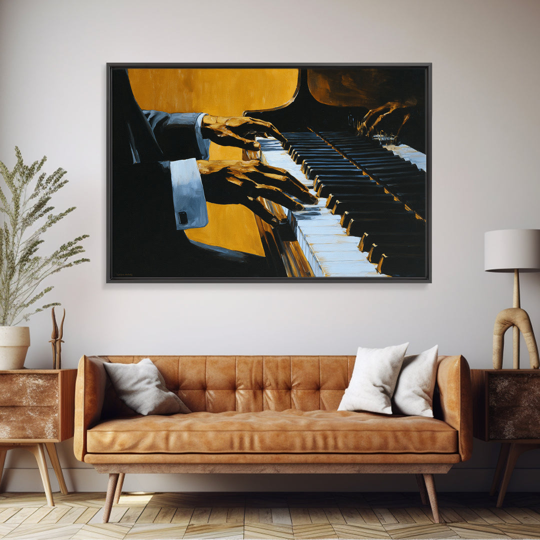 Piano Keys with Hands in Cinematic Shadow Framed Canvas Print, Music Studio Art, Wall Art Printable, Studio Decor, Rhythm, MSA-3x2-9