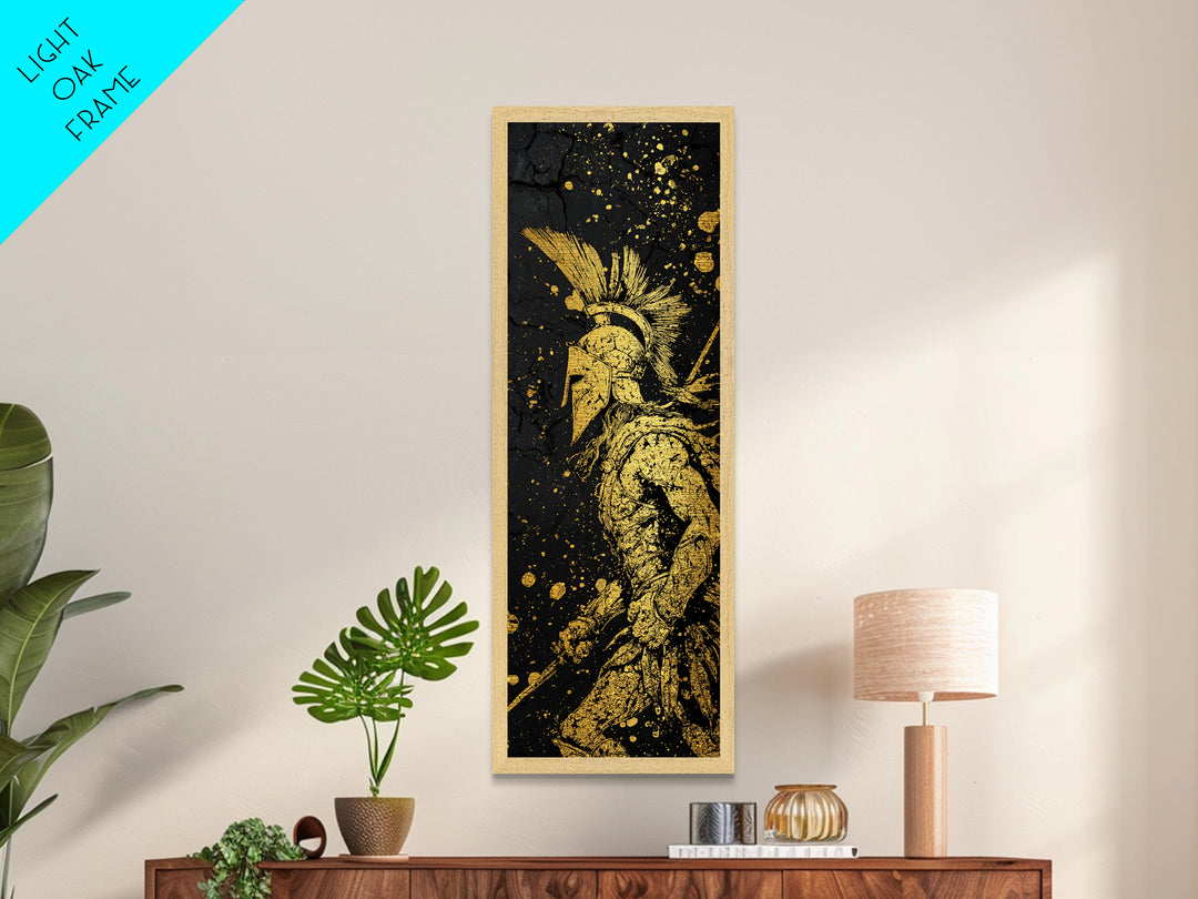 Spartan Warrior Helmet Illustration, Metallic Gold Metal Print, Ancient Greek Soldier Wall Art, Real Wood Frame Decor