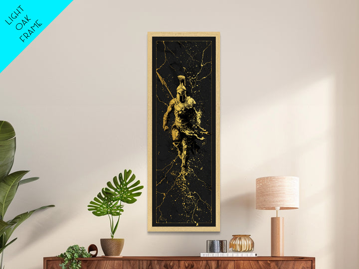 Ancient Spartan Soldier Running, Metallic Gold Metal Print, Greek Warrior Helmet Wall Art, Real Wood Frame Decor