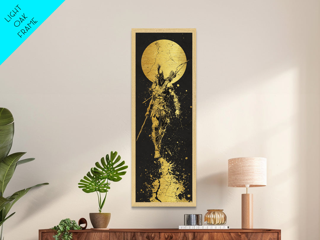 Spartan Warrior Under Full Moon, Metallic Gold Metal Print, Ancient Greek Soldier Wall Art, Real Wood Frame Decor