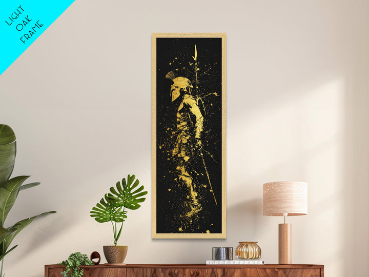 Greek Spartan Warrior With Spear, Metallic Gold Metal Print, Ancient Soldier Helmet Wall Art, Real Wood Frame Decor