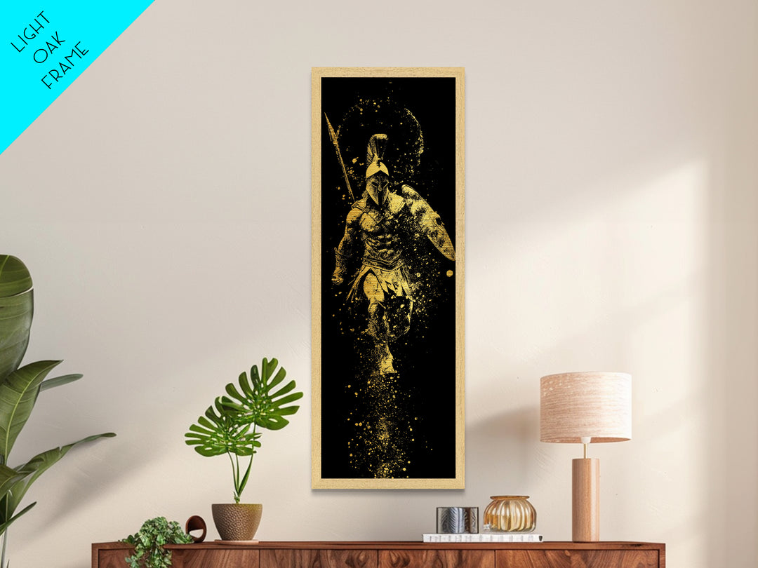 Spartan Warrior With Shield And Spear, Metallic Gold Metal Print, Ancient Greek Helmet Wall Art, Real Wood Frame Decor