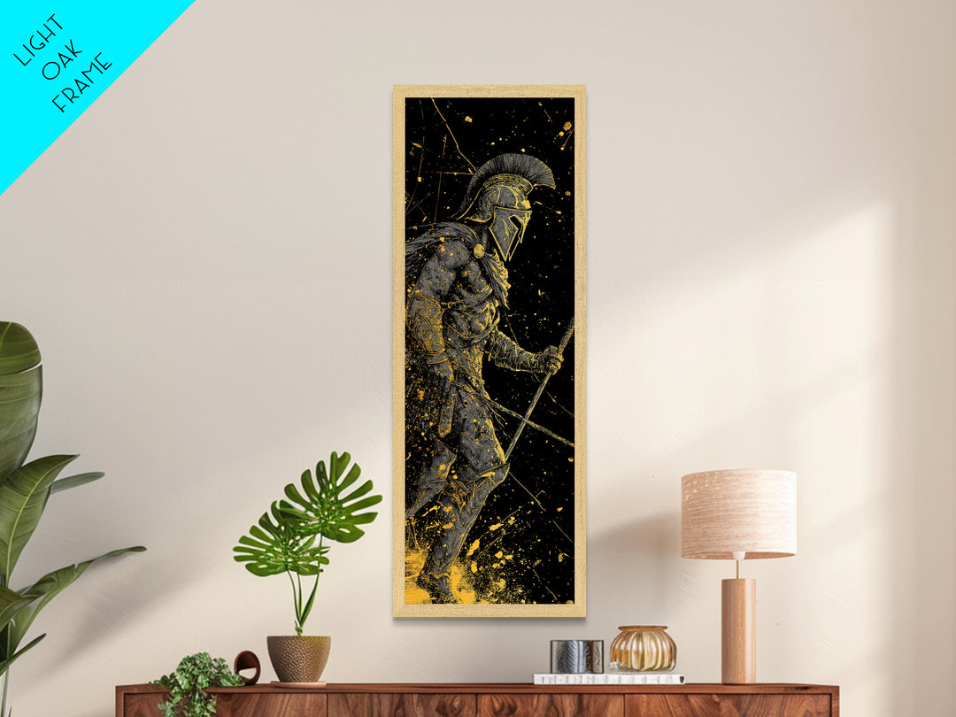 Ancient Greek Spartan Fighter, Metallic Gold Metal Print, Warrior Helmet Spear Wall Art, Real Wood Frame Decor