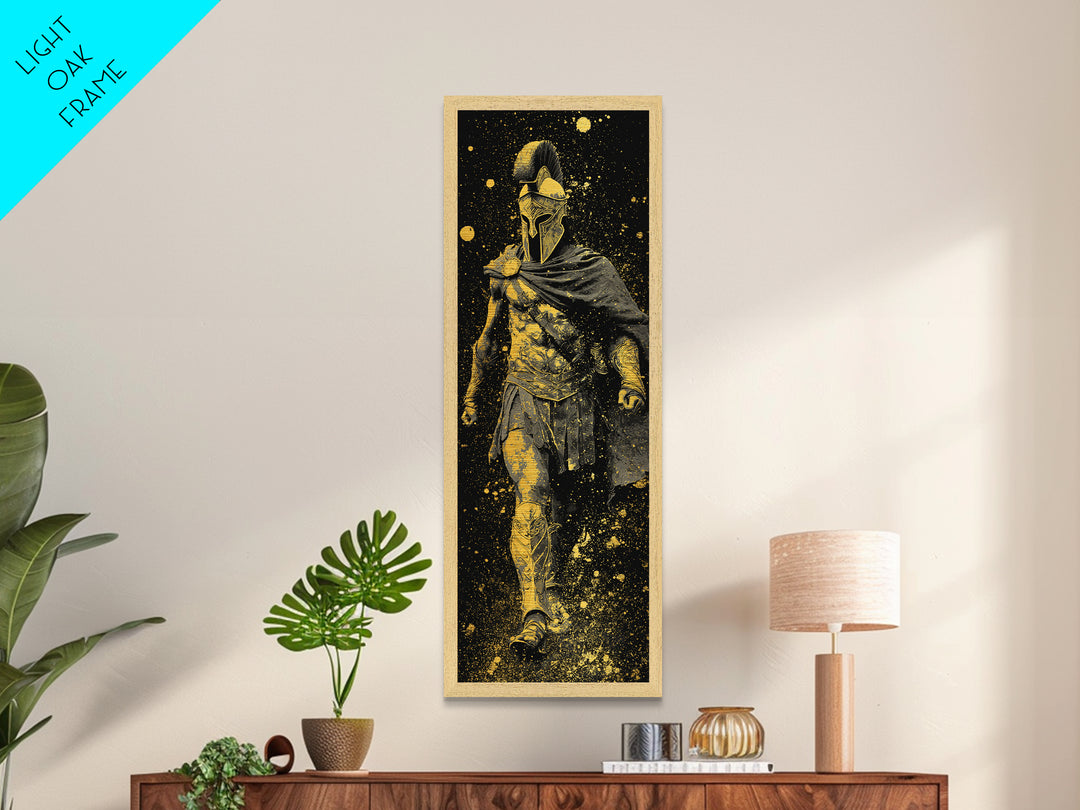 Greek Spartan Warrior In Cloak, Metallic Gold Metal Print, Ancient Helmet Warrior Wall Art, Real Wood Frame Home Decor