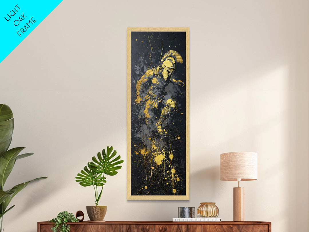Ancient Spartan Warrior In Battle Pose, Metallic Gold Metal Print, Greek Soldier Helmet Wall Art, Real Wood Frame Decor