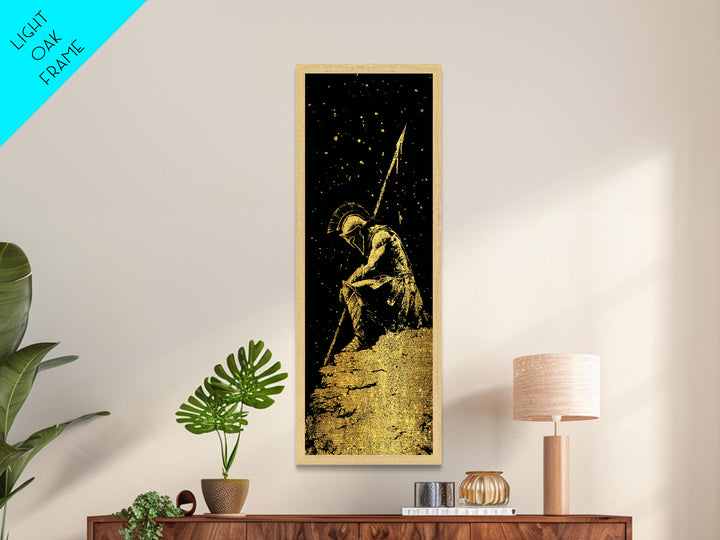 Spartan Warrior Kneeling With Spear, Metallic Gold Metal Print, Ancient Greek Soldier Wall Art, Real Wood Frame Decor
