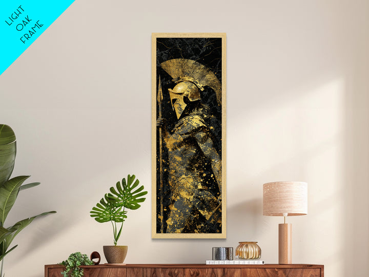 Greek Spartan Warrior Holding Spear, Metallic Gold Metal Print, Ancient Helmet Warrior Wall Art, Real Wood Frame Decor