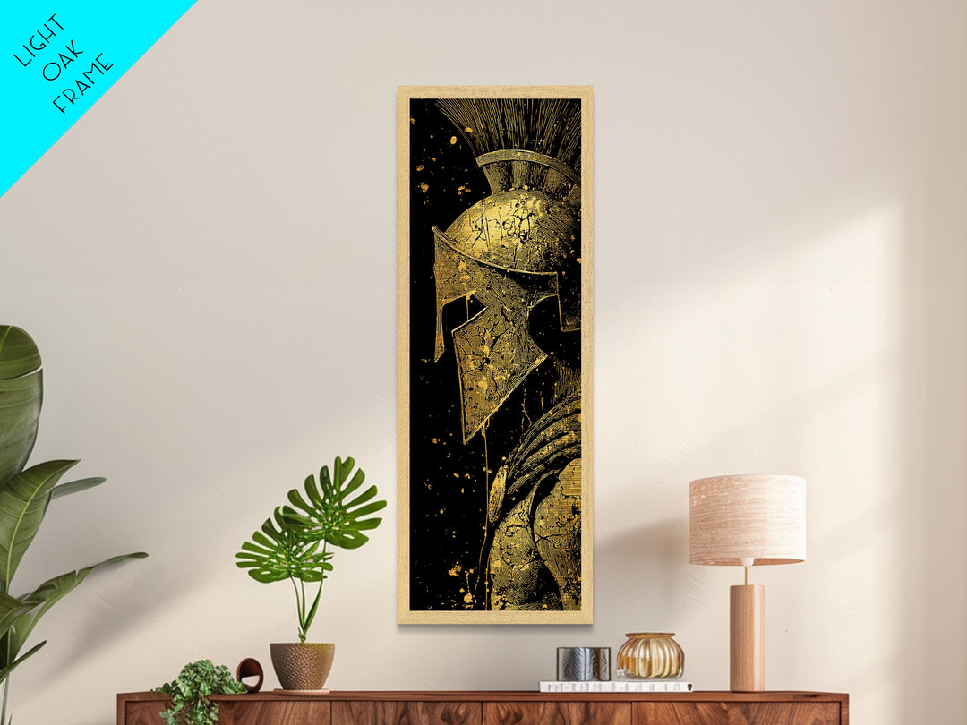 Spartan Helmet Close Up Artwork, Metallic Gold Metal Print, Ancient Greek Warrior Wall Art, Real Wood Frame Decor