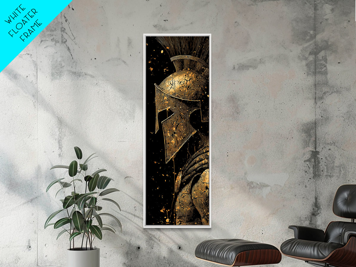 Spartan Helmet Close Up Artwork, Gold Canvas Print, Ancient Greek Warrior Wall Art, Real Wood Frame Decor