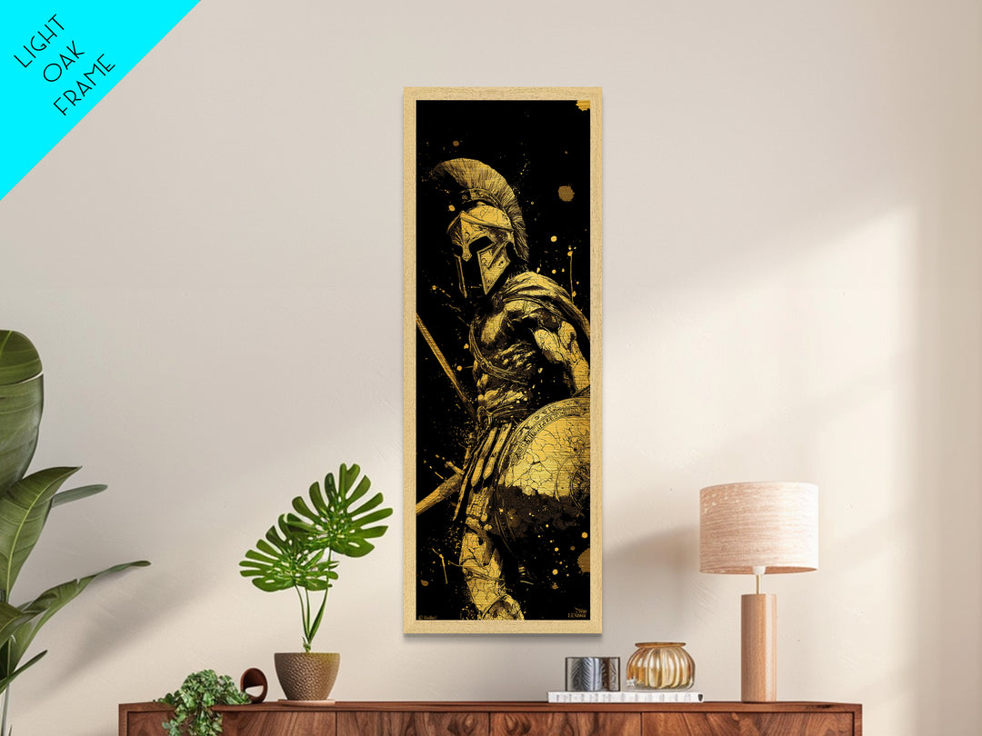 Ancient Spartan Warrior With Shield, Metallic Gold Metal Print, Greek Soldier Helmet Wall Art, Real Wood Frame Decor
