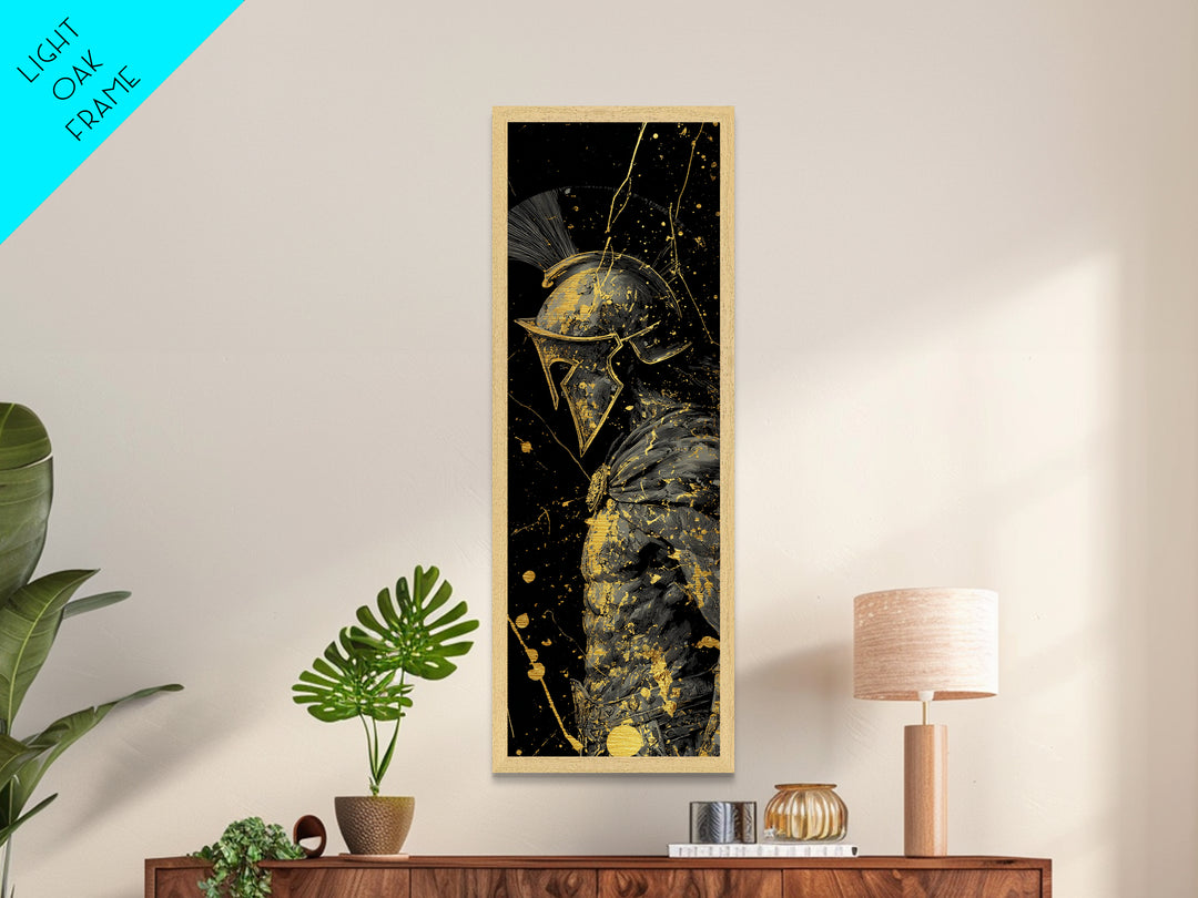 Greek Spartan Warrior In Splatter Style, Metallic Gold Metal Print, Ancient Warrior Helmet Wall Art, Real Wood Frame Decor
