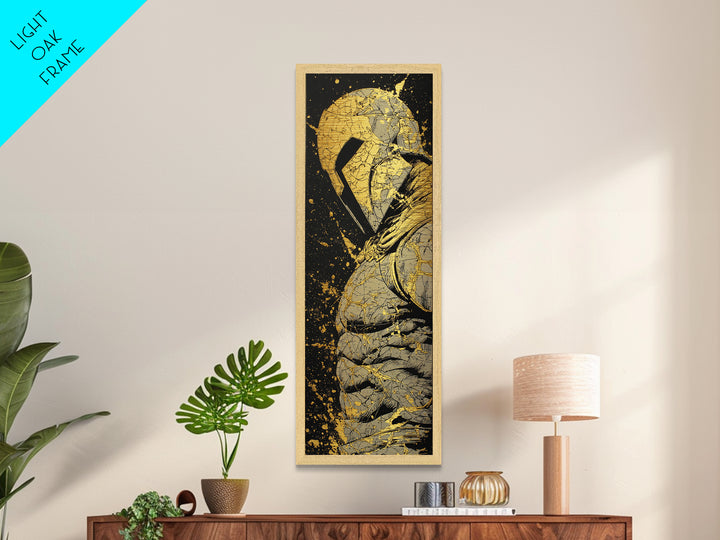 Ancient Spartan Helmet Detailed Artwork, Metallic Gold Metal Print, Greek Warrior Wall Art, Real Wood Frame Decor
