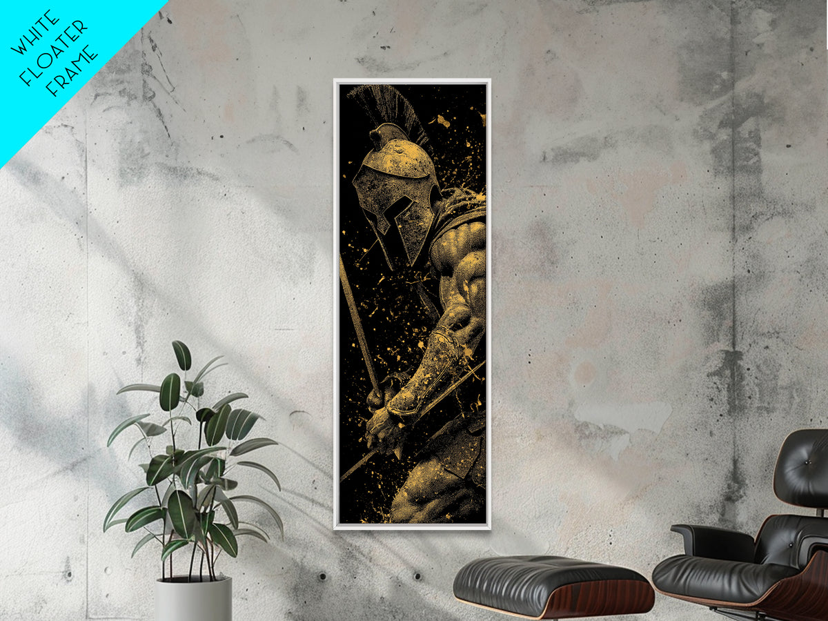 Spartan Warrior With Sword, Gold Canvas Print, Greek Mythology Wall Art, Real Wood Frame Decor, Ancient Battle Artwork