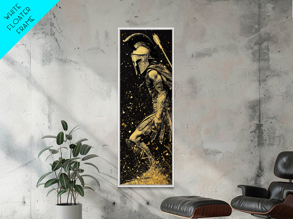 Greek Spartan Standing Strong, Gold Canvas Print, Warrior Soldier Wall Art, Real Wood Frame Home Decor, Ancient Hero Artwork
