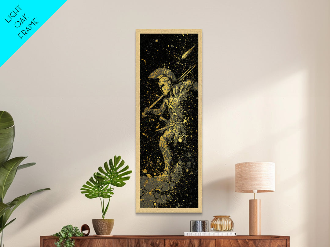 Ancient Spartan In Battle, Metallic Gold Art, Warrior With Spear Wall Print, Real Wood Frame Decor, Greek Mythology Artwork