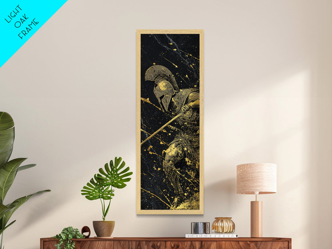 Heroic Spartan Warrior, Metallic Gold Metal Print, Ancient Greek Wall Art, Real Wood Frame Decor, Battle Ready Soldier Artwork