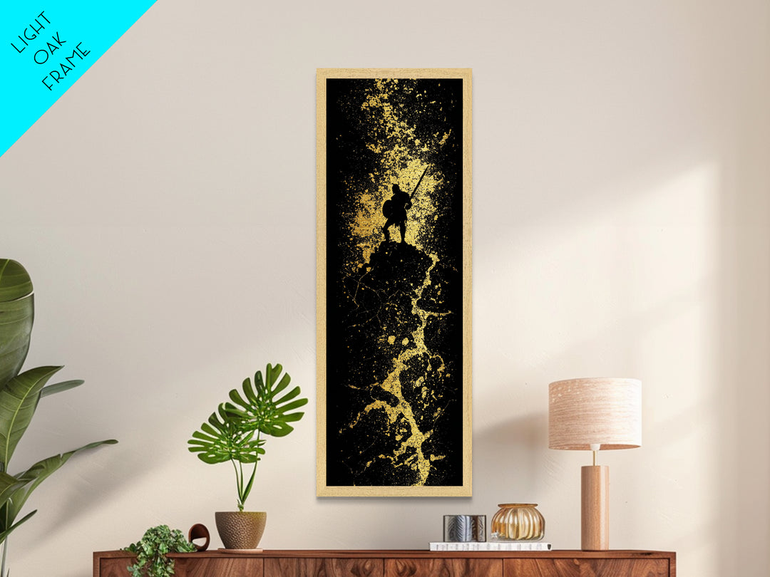 Spartan Silhouette With Shield, Metallic Gold Art, Ancient Warrior Wall Print, Real Wood Frame Decor, Historical Greek Hero Artwork
