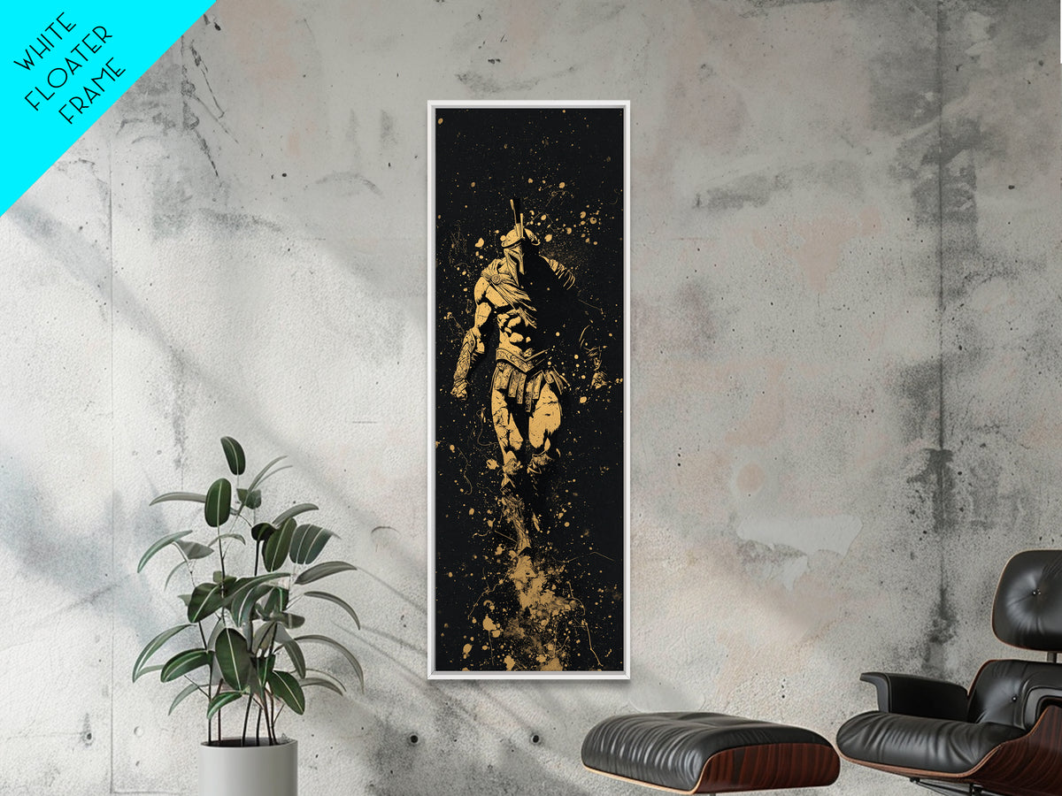 Spartan Marching Forward, Gold Canvas Print, Ancient Warrior Wall Art, Real Wood Frame Decor, Classical Greek Soldier Artwork