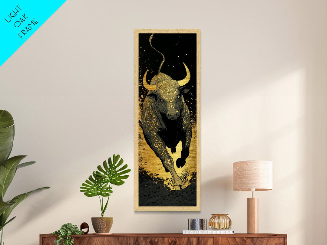 Charging Bull - Metallic Gold Wall Art - Wood Framed Metal Art, Taurus Wall Art, Golden Runic Bull Painting Print, Metal Art