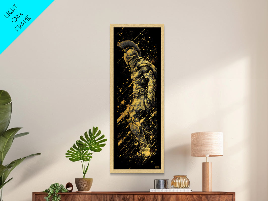 Gold Spartan Warrior With Spear Metallic Gold Metal Print, Greek Gladiator Wall Art, Real Wood Frame, Ancient Soldier Home Decor