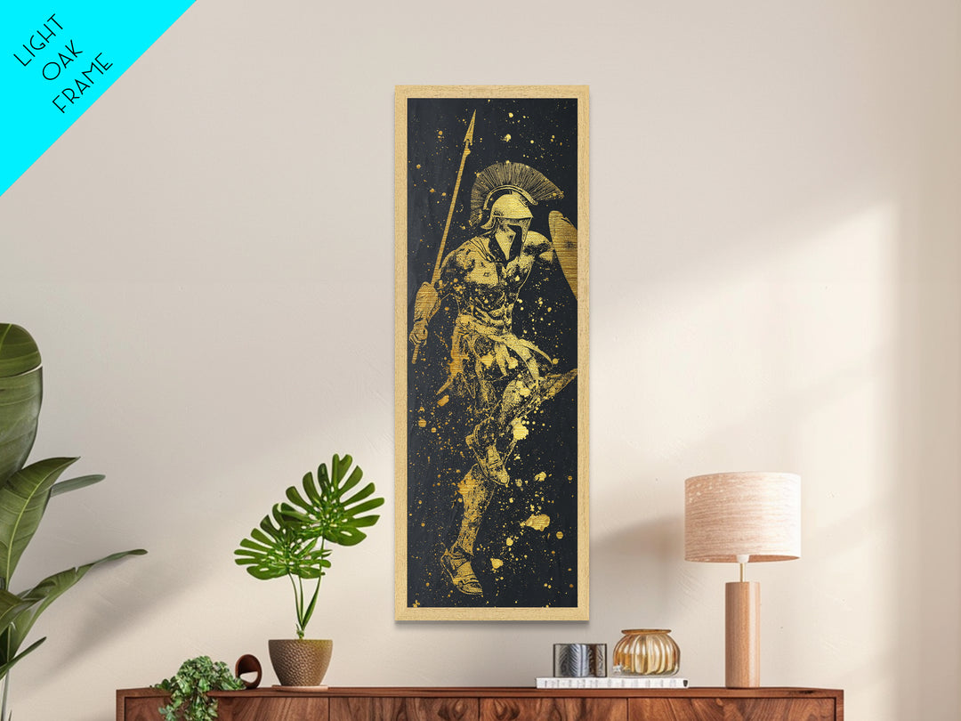 Ancient Greek Warrior Metallic Gold Metal Print, Spartan Soldier Wall Art, Real Wood Frame, Gold Gladiator Decor For Office