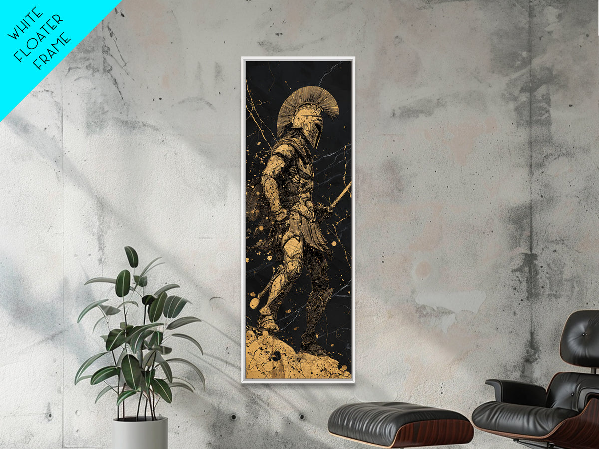 Greek Warrior Silhouette Gold Canvas Art, Ancient Spartan Wall Print, Real Wood Frame, Mythology Inspired Gold Soldier Decor