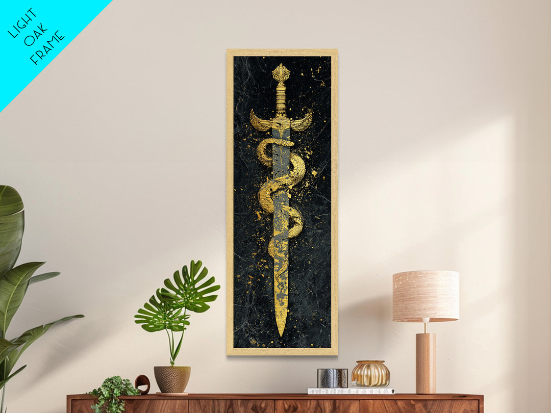 Metallic Gold Metal Print, Sword And Serpent Wall Art, Mythical Weapon Artwork, Real Wood Frame Decor