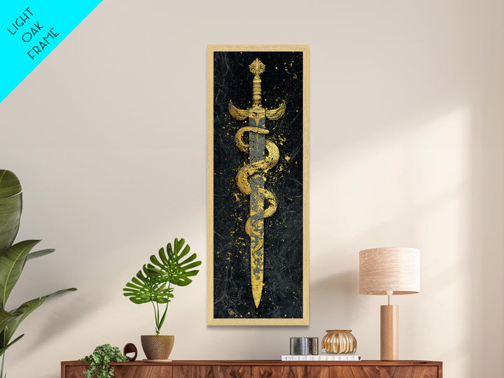 Metallic Gold Metal Print, Sword And Serpent Wall Art, Mythical Weapon Artwork, Real Wood Frame Decor
