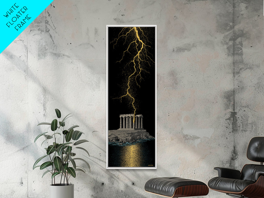 Gold Canvas Art, Zeus Lightning Temple Print, Ancient Greece Mythology Wall Decor, Real Wood Frame