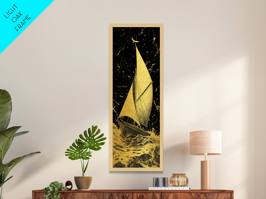 Golden Sailboat Nautical Wall Art, Metallic Gold Painting Print, Wood Framed Wall Art, Sail Boat Painting Print, Metallic Gold Painting