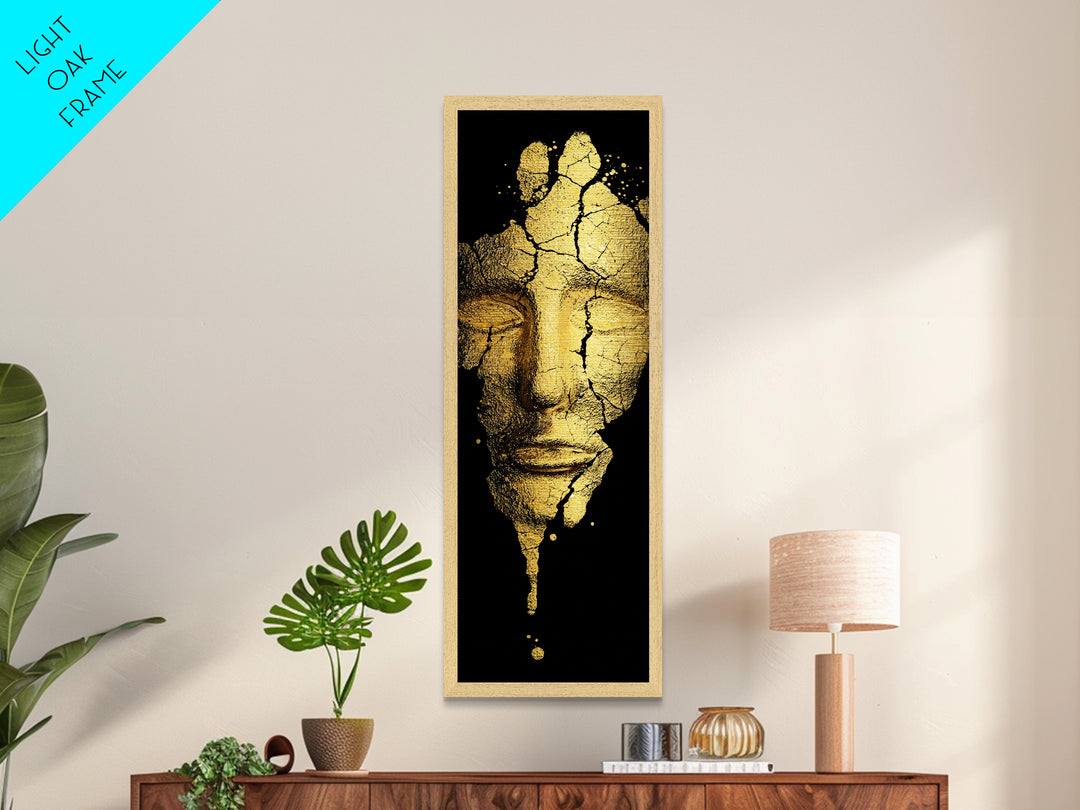 Metallic Gold Metal Print, Cracked Golden Mask Wall Art, Mythical Face Artwork, Real Wood Frame Decor