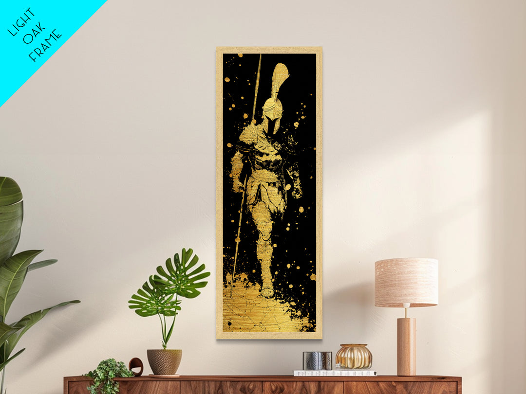 Metallic Gold Art, Greek Warrior Spear Print, Spartan Armor Wall Decor, Real Wood Frame Home Artwork