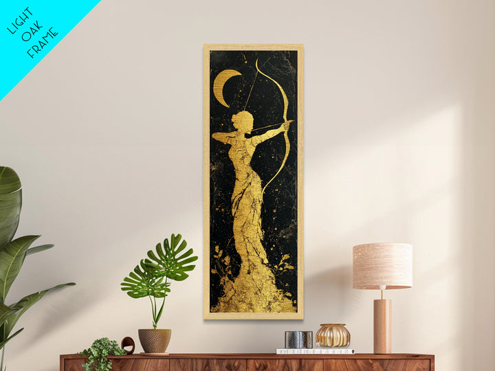 Metallic Gold Art, Artemis Moon Goddess Print, Bow And Arrow Wall Decor, Real Wood Frame Greek Artwork