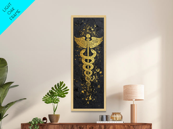 Metallic Gold Metal Print, Caduceus Serpent Staff Wall Art, Hermes Symbol Decor, Real Wood Frame Artwork