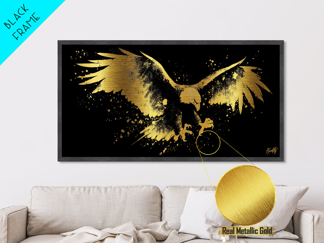 Eagle With Outstretched Wings, Metallic Gold Metal Print, Real Wood Frame, Splatter Art, Majestic Bird Wall Decor