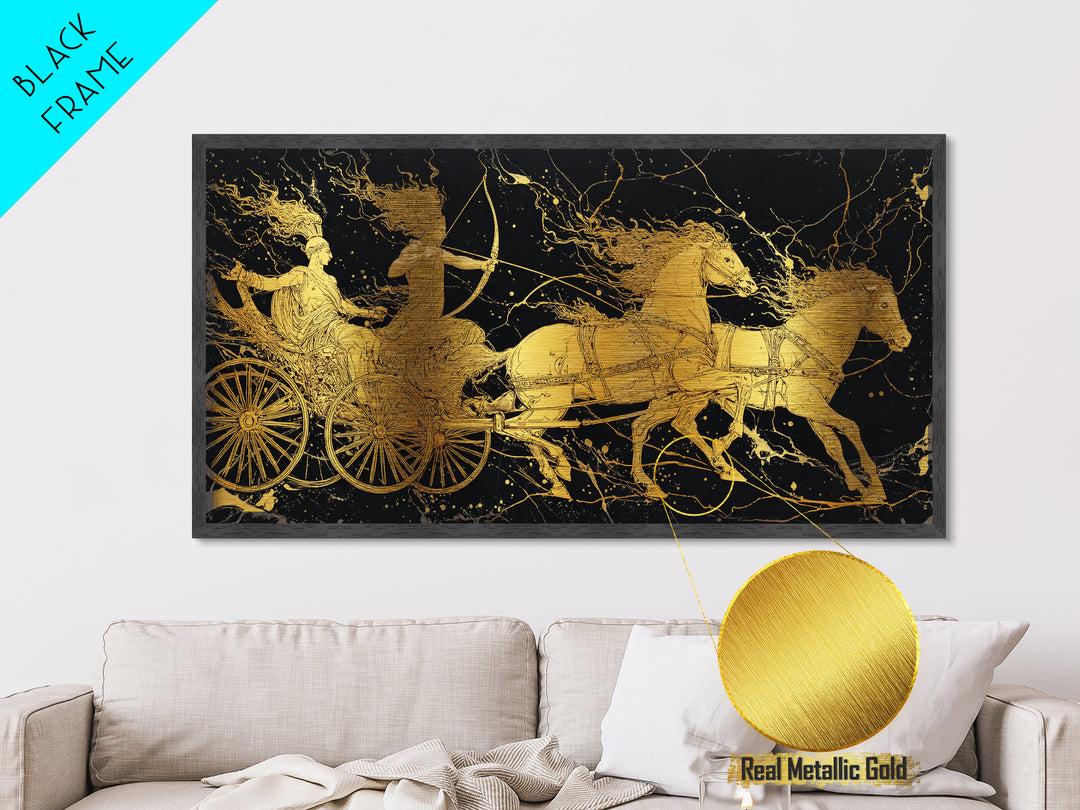 Greek Chariot Scene, Metallic Gold Art, Real Wood Frame, Mythology Inspired Wall Decor, Warriors And Horses Print