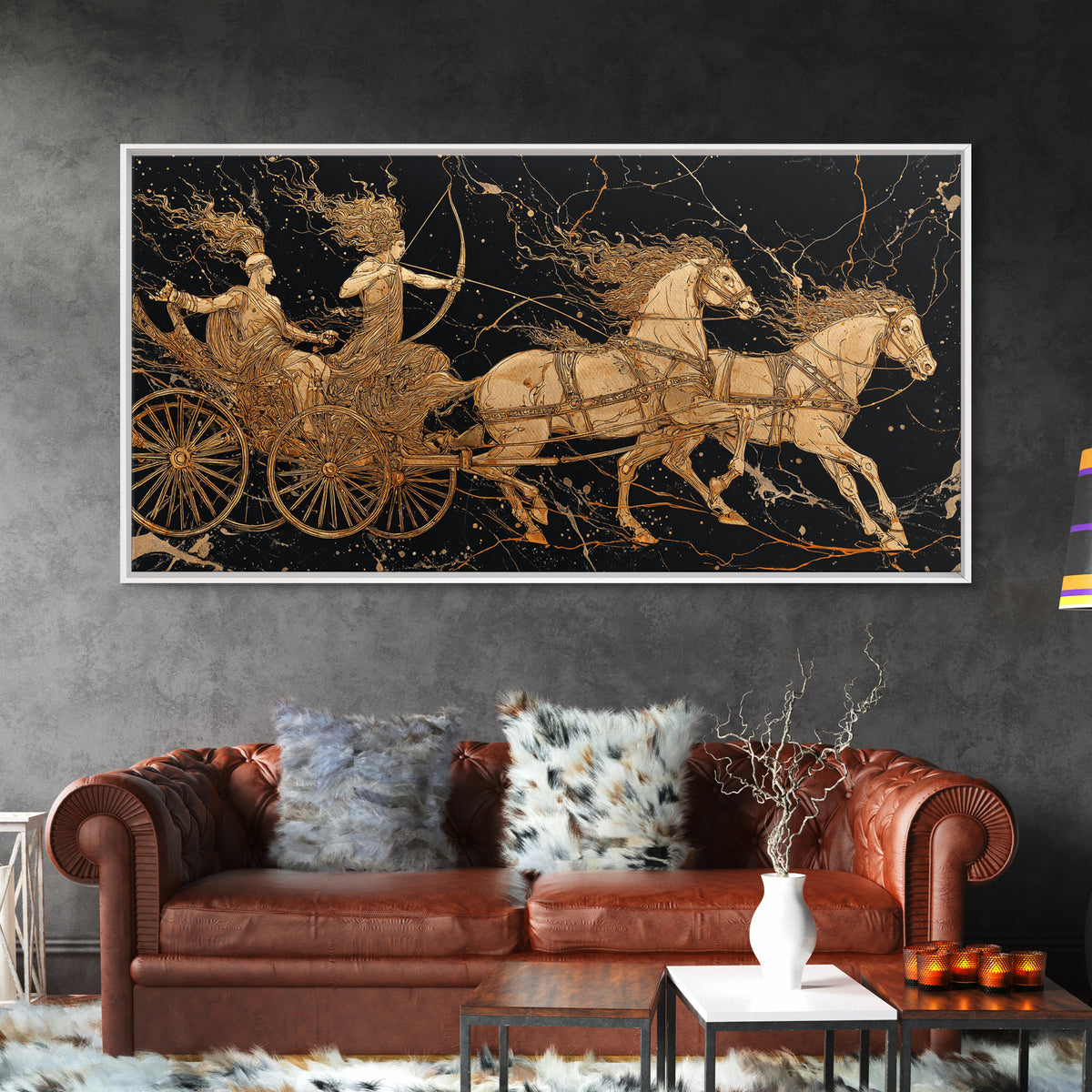 Greek Chariot Scene, Gold Canvas Art, Real Wood Frame, Mythology Inspired Wall Decor, Warriors And Horses Print