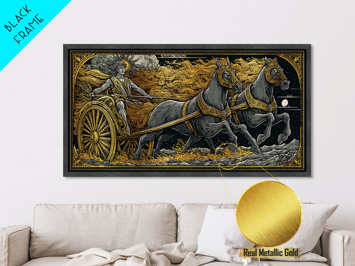 Chariot Of The Sun God, Metallic Gold Metal Print, Real Wood Frame, Mythology Wall Art, Horse And Chariot Artwork
