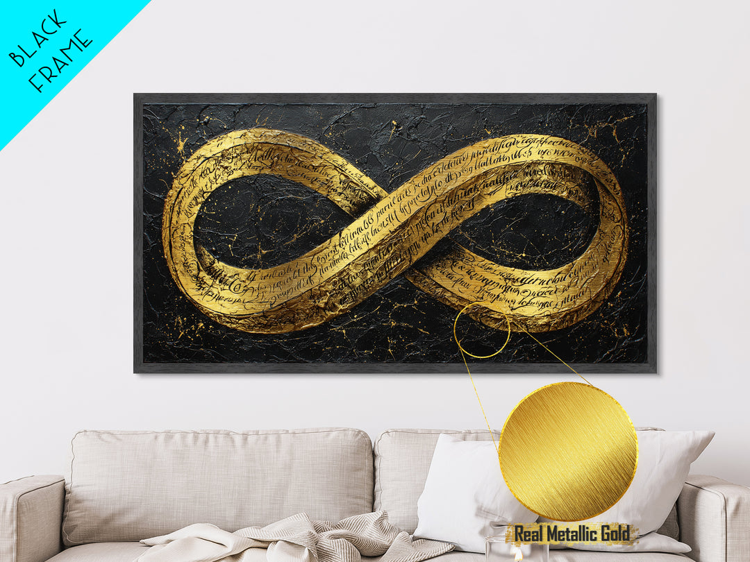 Infinity Symbol With Script, Metallic Gold Art, Real Wood Frame, Elegant Wall Decor, Modern Abstract Artwork
