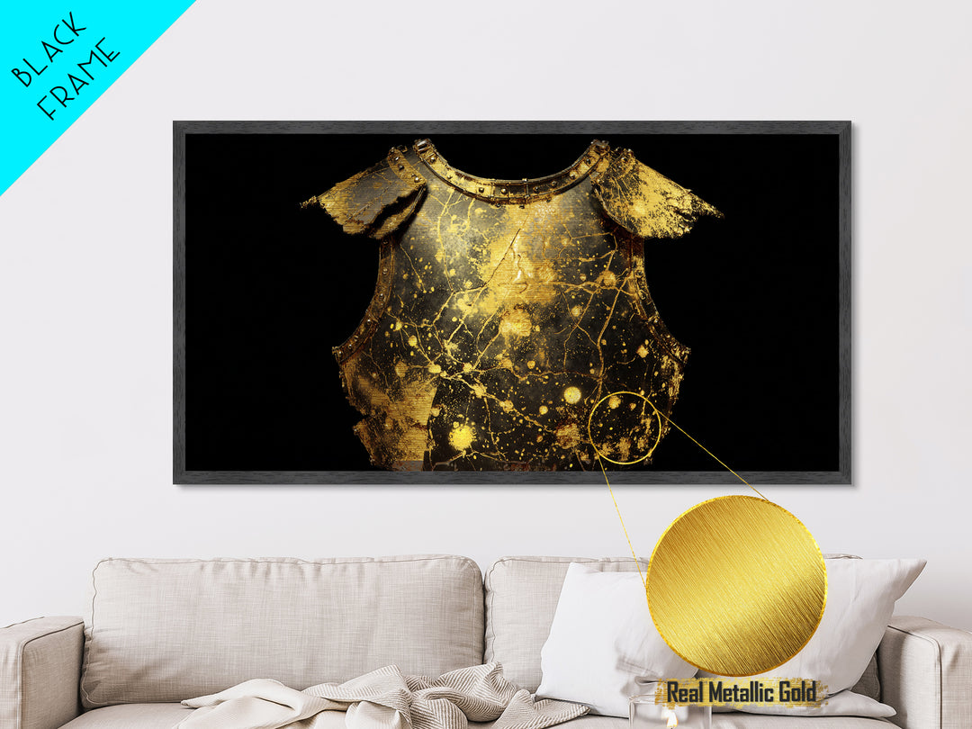 Golden Armor Breastplate, Metallic Gold Metal Print, Real Wood Frame, Medieval Warrior Decor, Historical Art Print