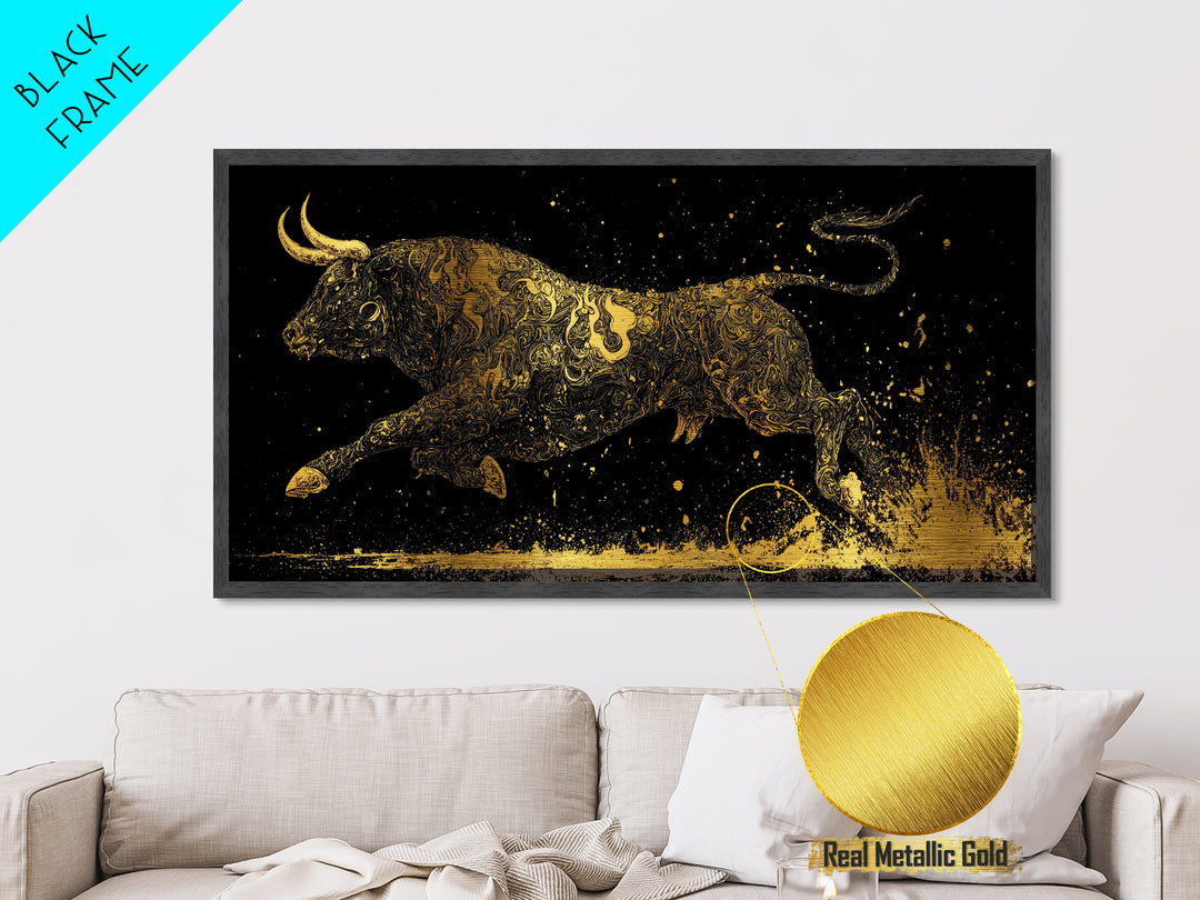 Golden Bull In Motion, Metallic Gold Art, Real Wood Frame, Dynamic Animal Wall Decor, Mythology Inspired Artwork