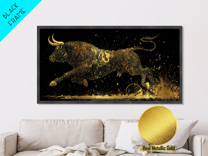 Golden Bull In Motion, Metallic Gold Art, Real Wood Frame, Dynamic Animal Wall Decor, Mythology Inspired Artwork