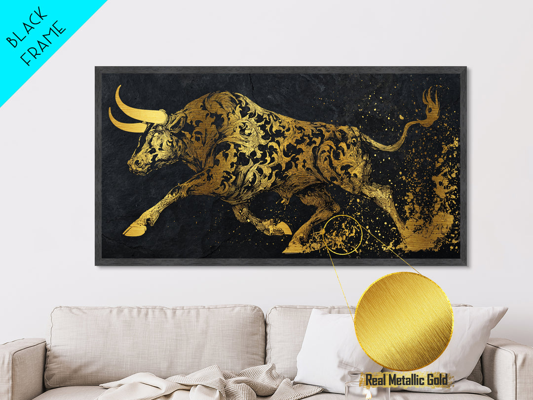 Ornate Golden Bull, Metallic Gold Metal Print, Real Wood Frame, Decorative Animal Artwork, Powerful Bull Illustration