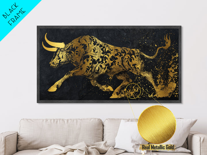 Ornate Golden Bull, Metallic Gold Metal Print, Real Wood Frame, Decorative Animal Artwork, Powerful Bull Illustration